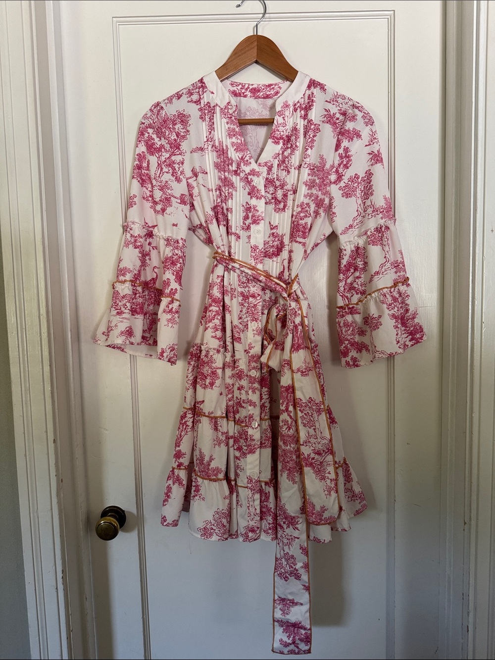 White & Pink Toile Print Wrap Dress